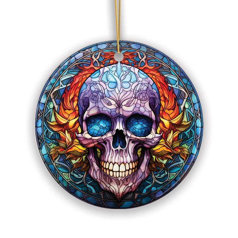 Grim Guardian Haunting Skull Stained Glass Style Ceramic Ornament, Halloween Themed Christmas Gift and Decor