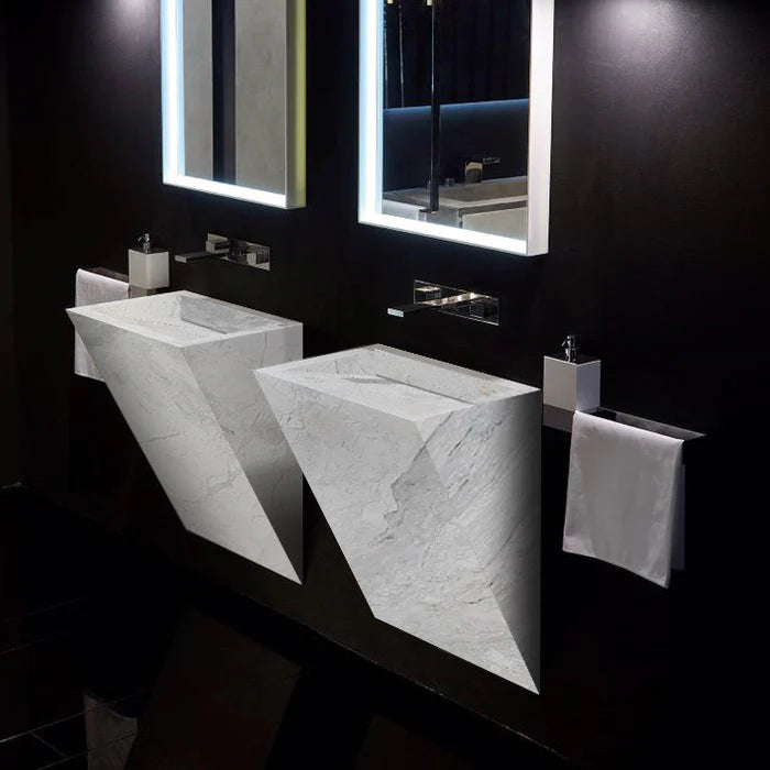 Polar White Marble Designer Triangle Sink Wall-mount Bathroom Sink (W)12" (L)18" (H)24"