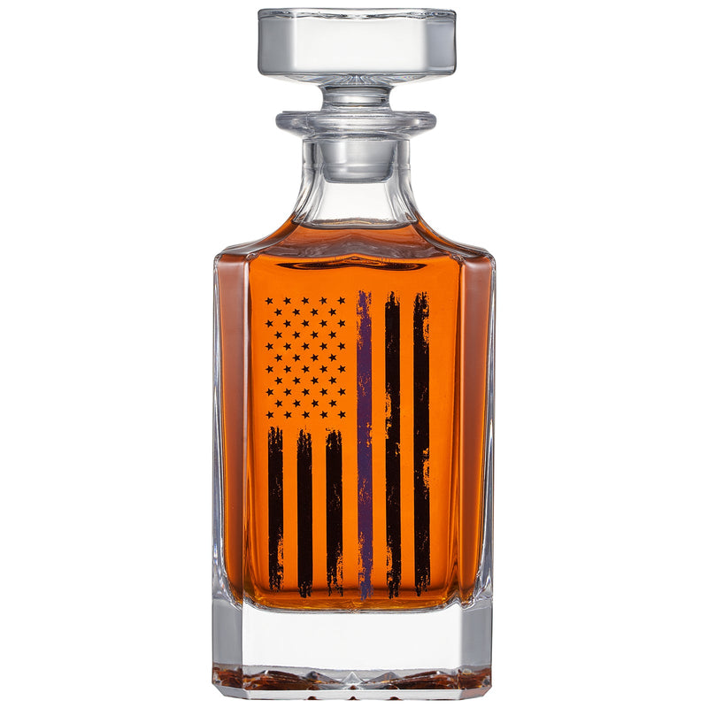 Police Tactical Blue Tattered American Flag Whiskey Decanter Gift Set | 730mL Decanter 2 Whiskey Glass | Law Enforcement Gift for Police Officer, Blue Rights, 2nd Amendment Gifts, PD Men, Dad, Him