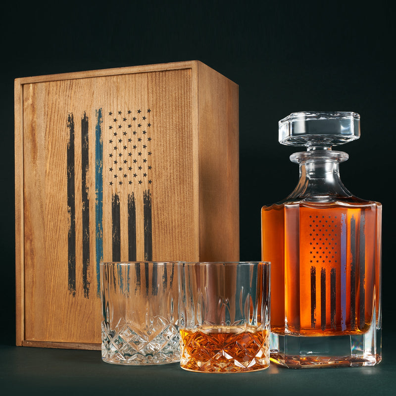 Police Tactical Blue Tattered American Flag Whiskey Decanter Gift Set | 730mL Decanter 2 Whiskey Glass | Law Enforcement Gift for Police Officer, Blue Rights, 2nd Amendment Gifts, PD Men, Dad, Him