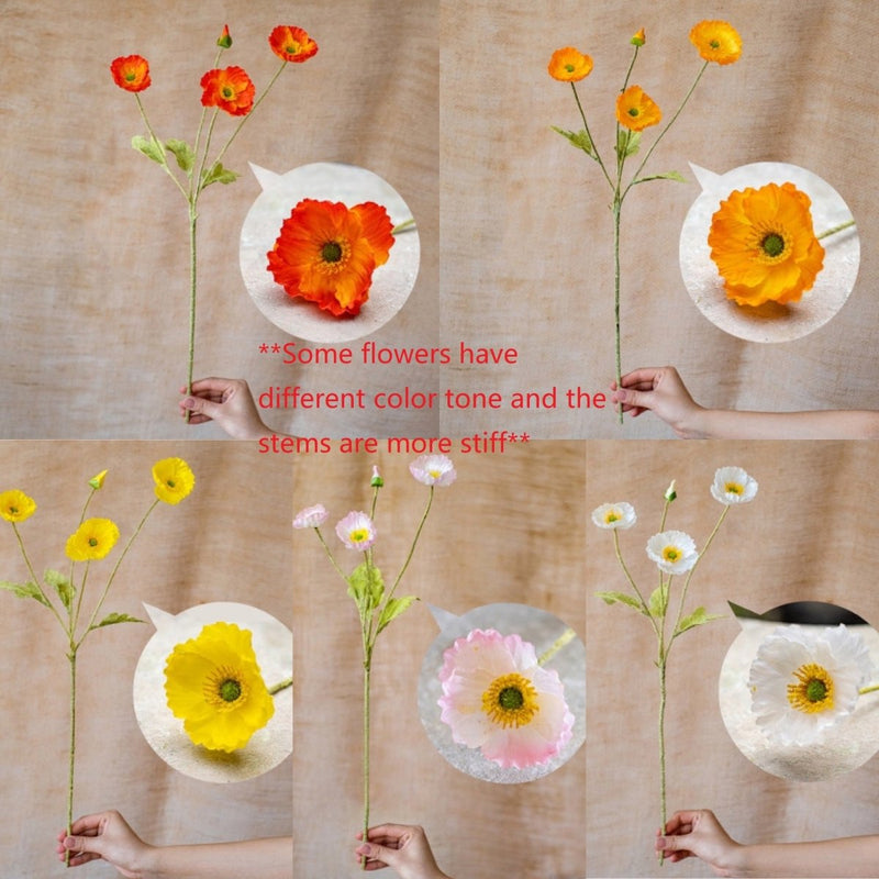 Faux Silk Silk Common Poppy Flower Stem in Pink or White 22" Tall