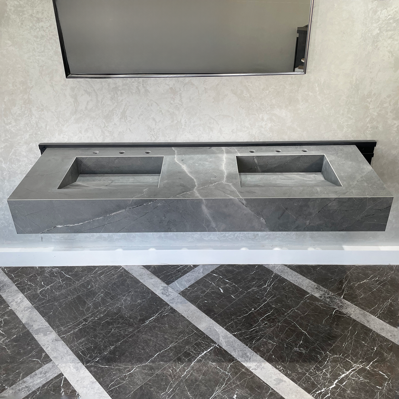Armani Grey Engineered Porcelain Double Sink Handcrafted with Modern Marble Aesthetics, photo 2 of 11