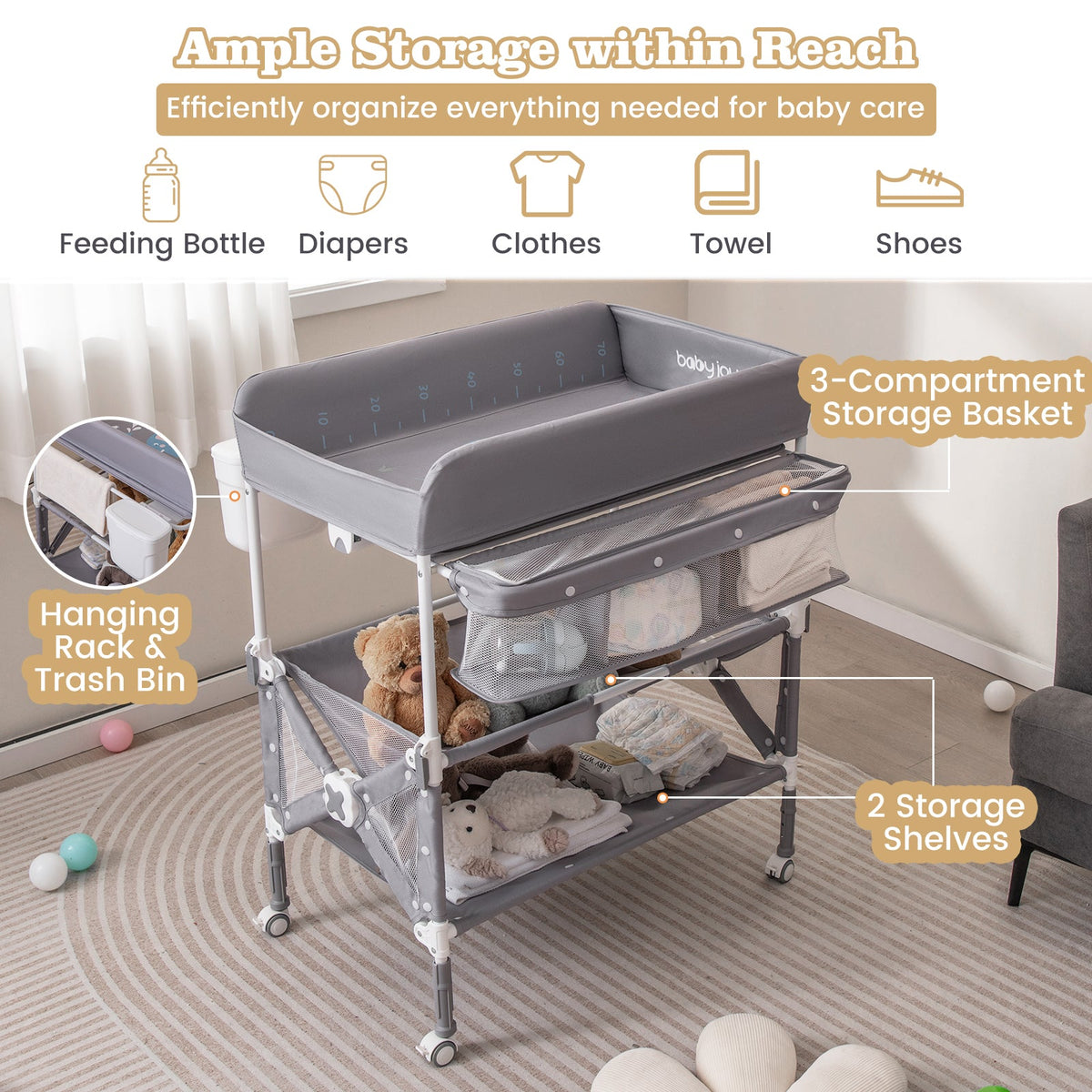 Portable Baby Changing Table with Wheels and Large Storage Rack-Gray, photo 5 of 8