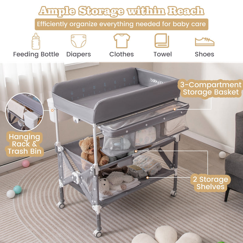 Portable Baby Changing Table with Wheels and Large Storage Rack-Gray, photo 5 of 8