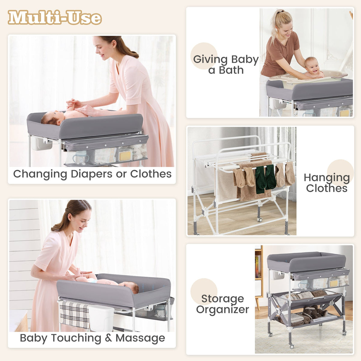 Portable Baby Changing Table with Wheels and Large Storage Rack-Gray, photo 6 of 8