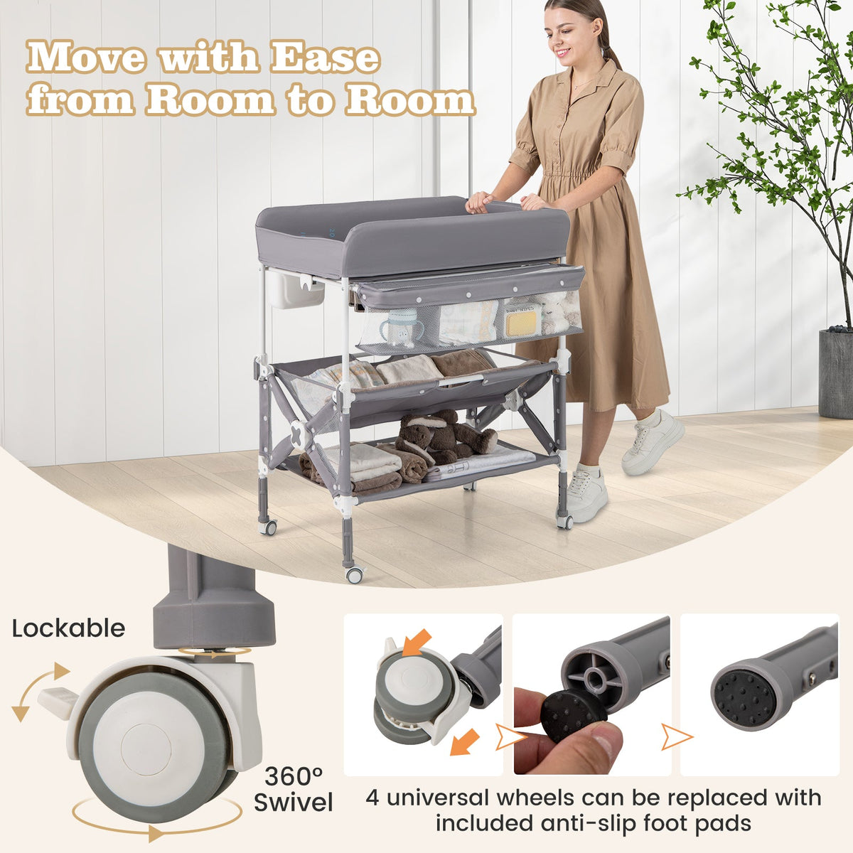 Portable Baby Changing Table with Wheels and Large Storage Rack-Gray, photo 7 of 8