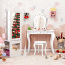 Princess Vanity Table and Stool Set Freestanding Jewelry Cabinet Armoire with Full-Length Mirror-White