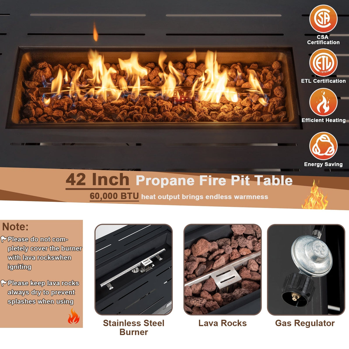 42 Inch 60 000 BTU Rectangular Propane Fire Pit Table with Waterproof Cover, photo 8 of 8