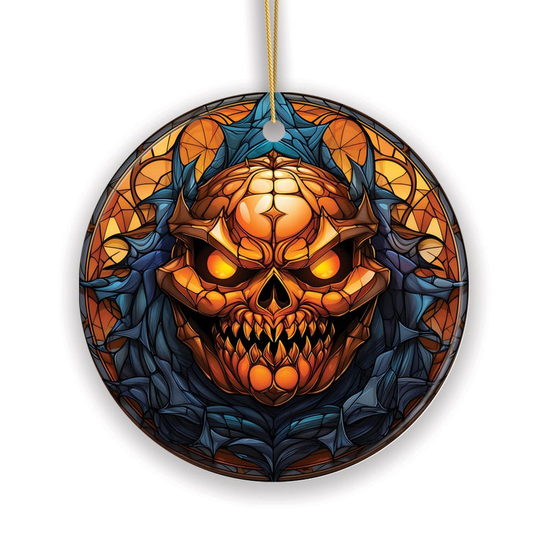 Pumpkin Skull with Glowing Red Eyes Stained Glass Style Ceramic Ornament, Halloween Themed Christmas Gift and Decor