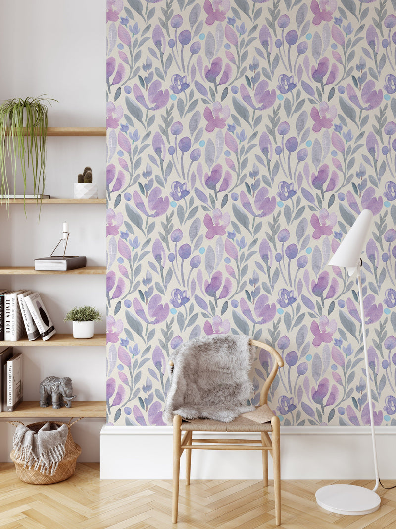 Purple Botanical Watercolor Floral Wallpaper