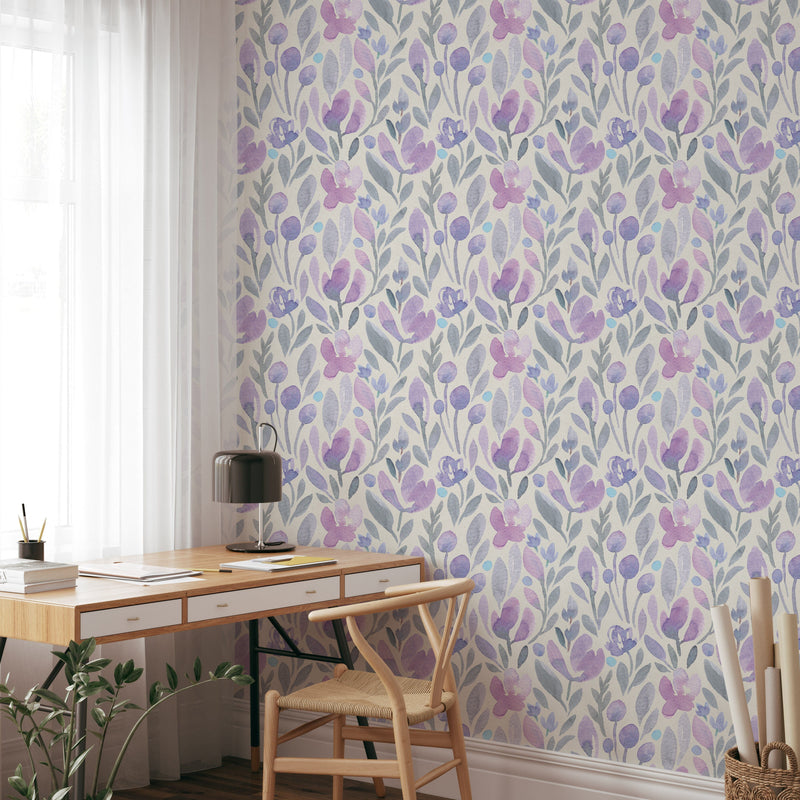 Purple Botanical Watercolor Floral Wallpaper