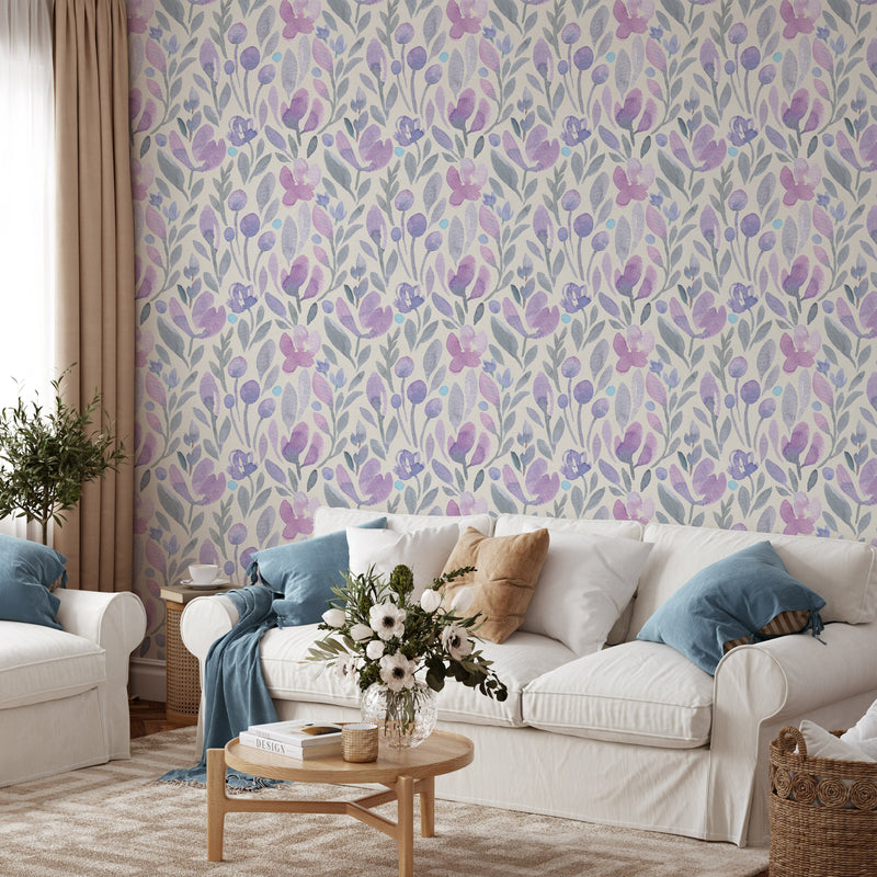 Purple Botanical Watercolor Floral Wallpaper