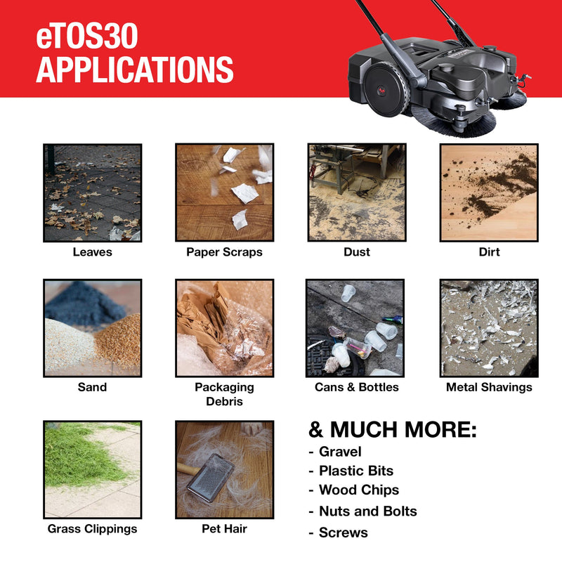 30" Battery Powered Push Sweeper with Triple Power Brooms Electric Drive and Dust Suppression Sprayer