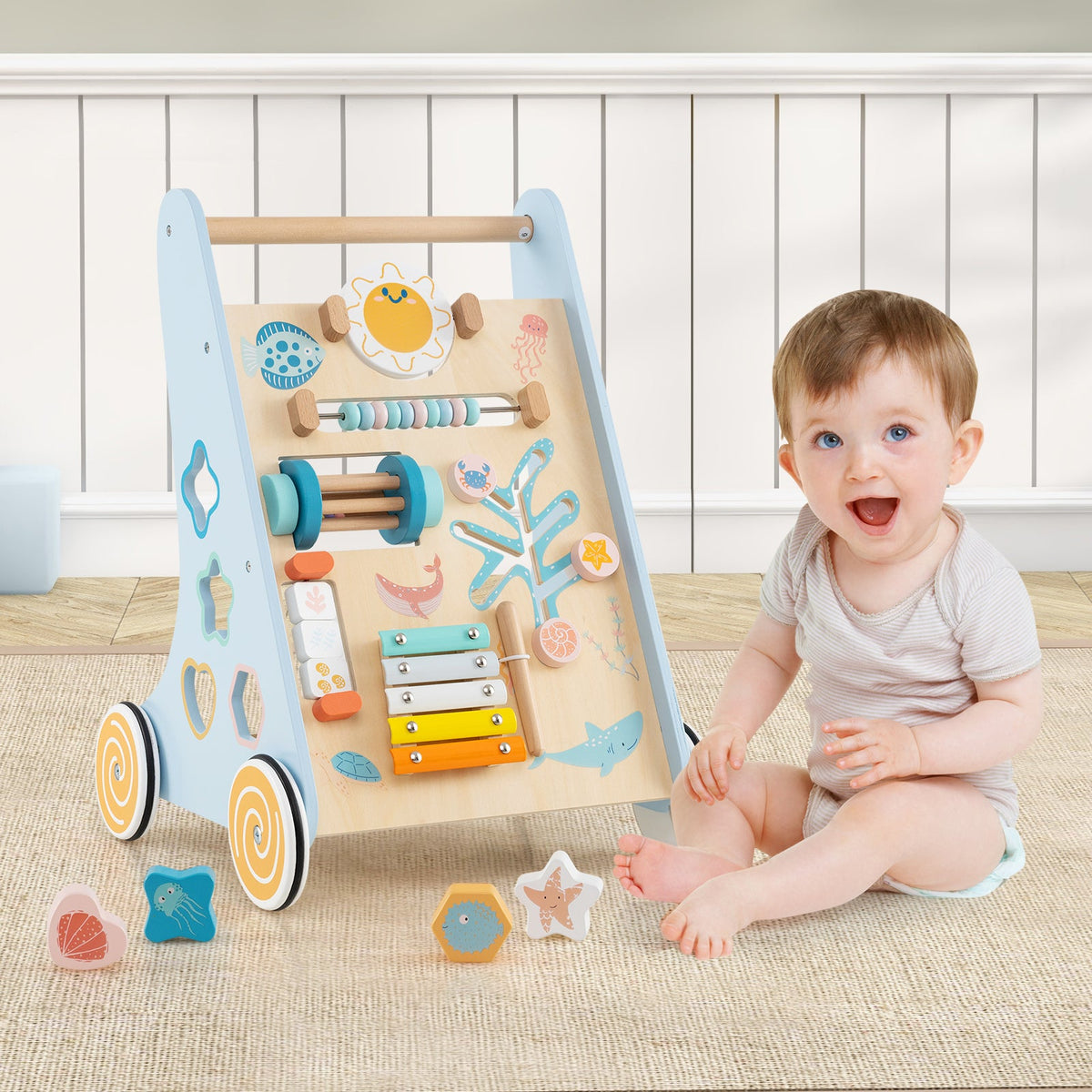 Wooden Baby Walker Push and Pull Learning Activity Center with Wheels-Blue, photo 2 of 8