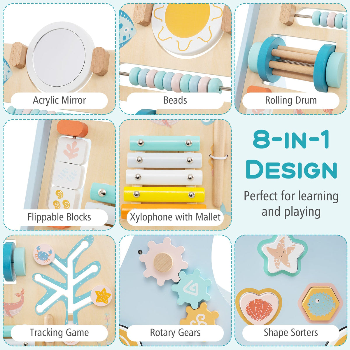 Wooden Baby Walker Push and Pull Learning Activity Center with Wheels-Blue, photo 6 of 8