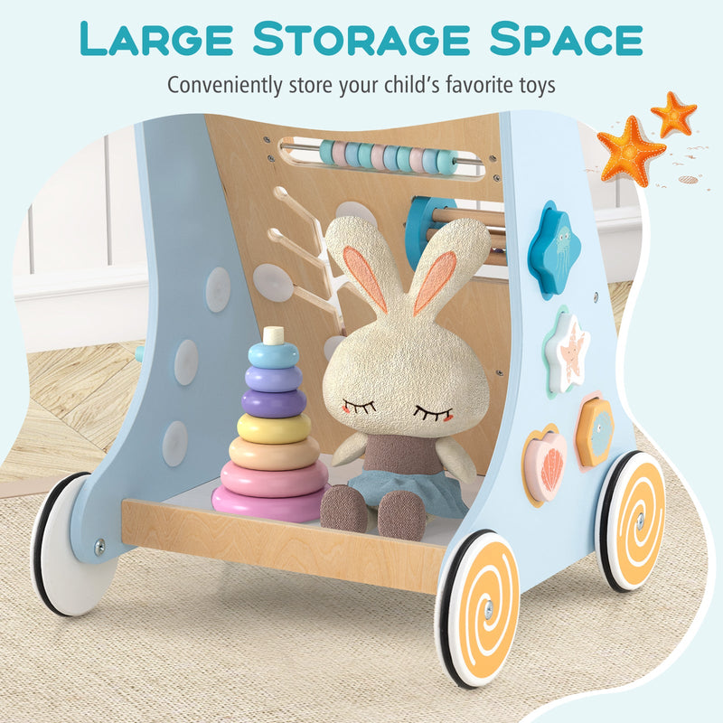 Wooden Baby Walker Push and Pull Learning Activity Center with Wheels-Blue, photo 7 of 8