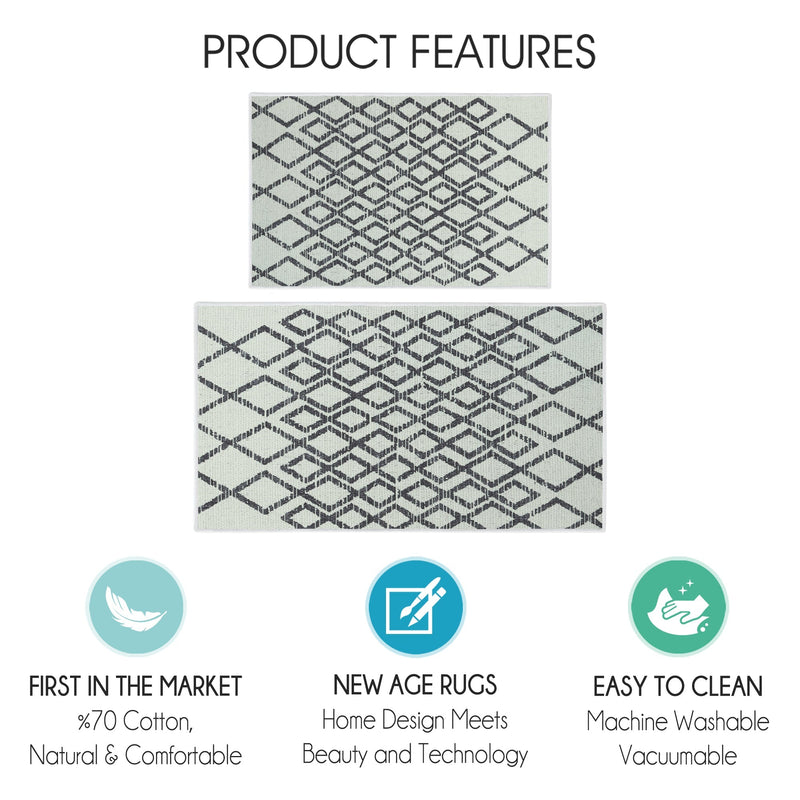 Geometric Diamond Design Non Skid Washable Kitchen Runner Rugs Set of 2| 44 x 24 and 31.5 x 20 Inches Floor Mats |Ivory