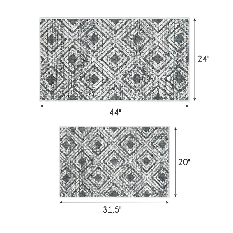 Geometric Design Non Skid Washable Kitchen Runner Rugs Set of 2| 44 x 24 and 31.5 x 20 Inches Floor Mats |Gray