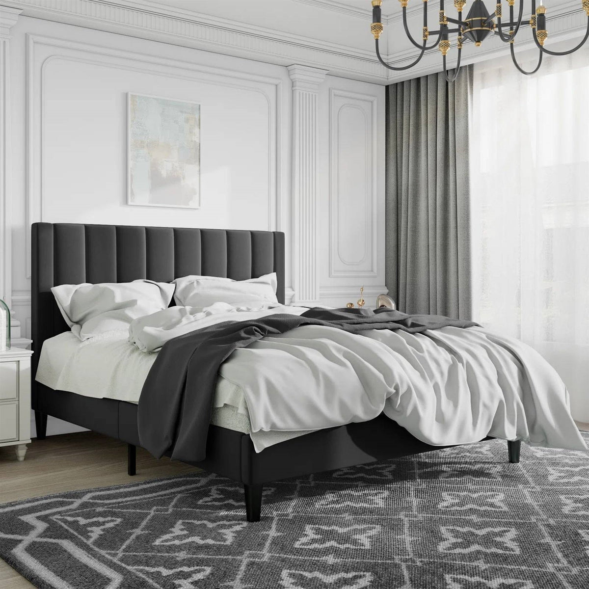 Queen size Black Velvet Upholstered Platform Bed Frame with Headboard, photo 2 of 5