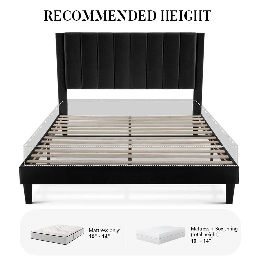 Queen size Black Velvet Upholstered Platform Bed Frame with Headboard, photo 4 of 5