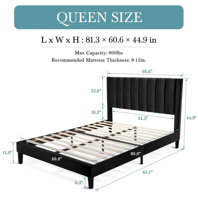 Queen size Black Velvet Upholstered Platform Bed Frame with Headboard, photo 5 of 5