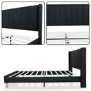 Queen size Mid-Century Black Linen Platform Bed Frame with Upholstered Headboard