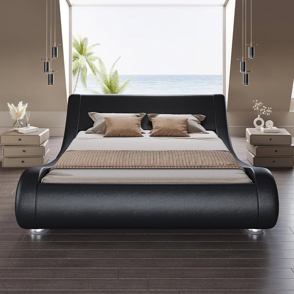 Queen Modern Black Upholstered Platform Bed Frame with Sleigh Curved Headboard, photo 2 of 5