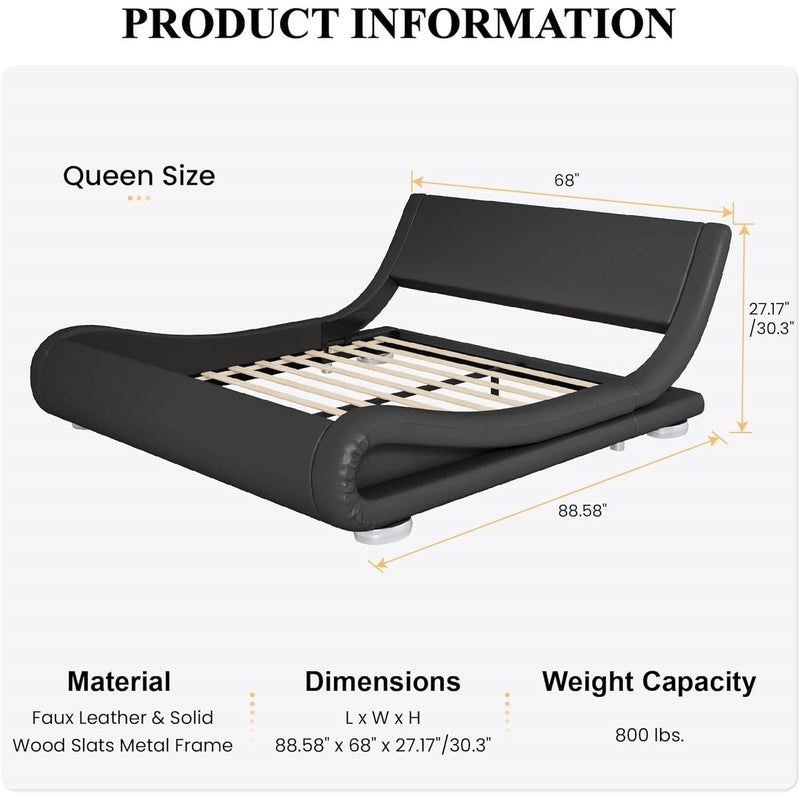 Queen Modern Black Upholstered Platform Bed Frame with Sleigh Curved Headboard, photo 5 of 5