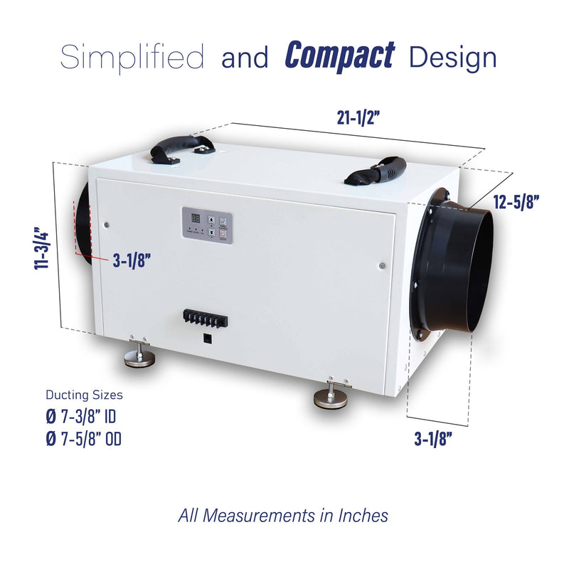 Pioneer® QHD070 115V 70-Pint Per Day Whole-House Commercial Grade Ductable High Performance Dehumidifier, dimensions drawing
