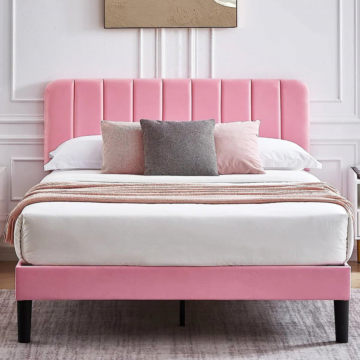 Queen size Pink Upholstered Platform Bed Frame with Headboard, photo 2 of 5