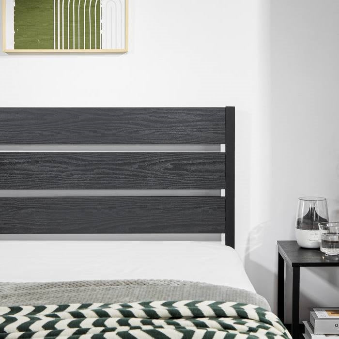 Queen size Industrial Platform Bed Frame with Wood Slatted Headboard in Black, photo 3 of 5