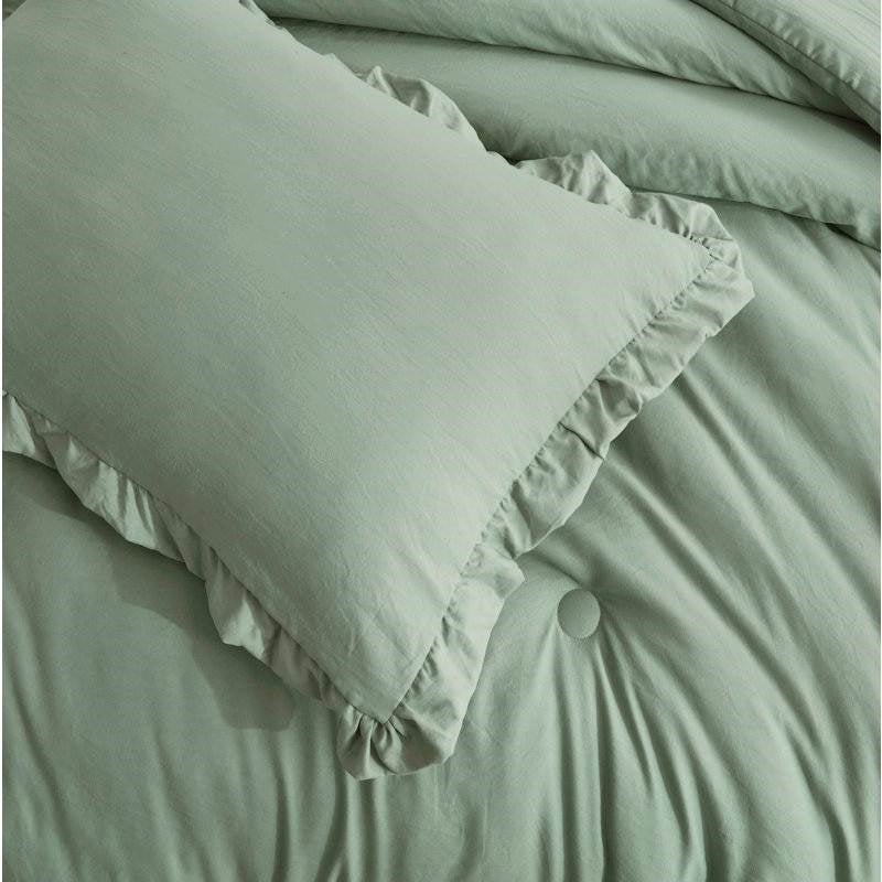 Oversized Queen Sage Microfiber 3-Piece Comforter Set with Ruffled Edge Trim, photo 3 of 4