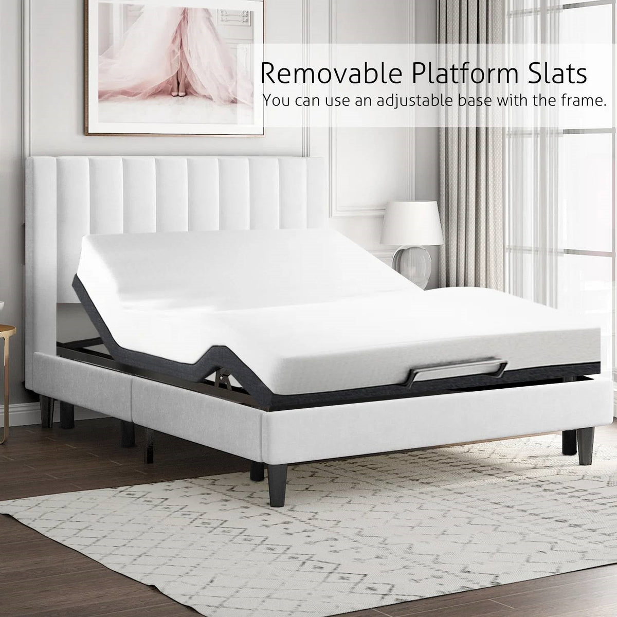 Queen size White Velvet Upholstered Platform Bed Frame with Headboard, photo 4 of 5