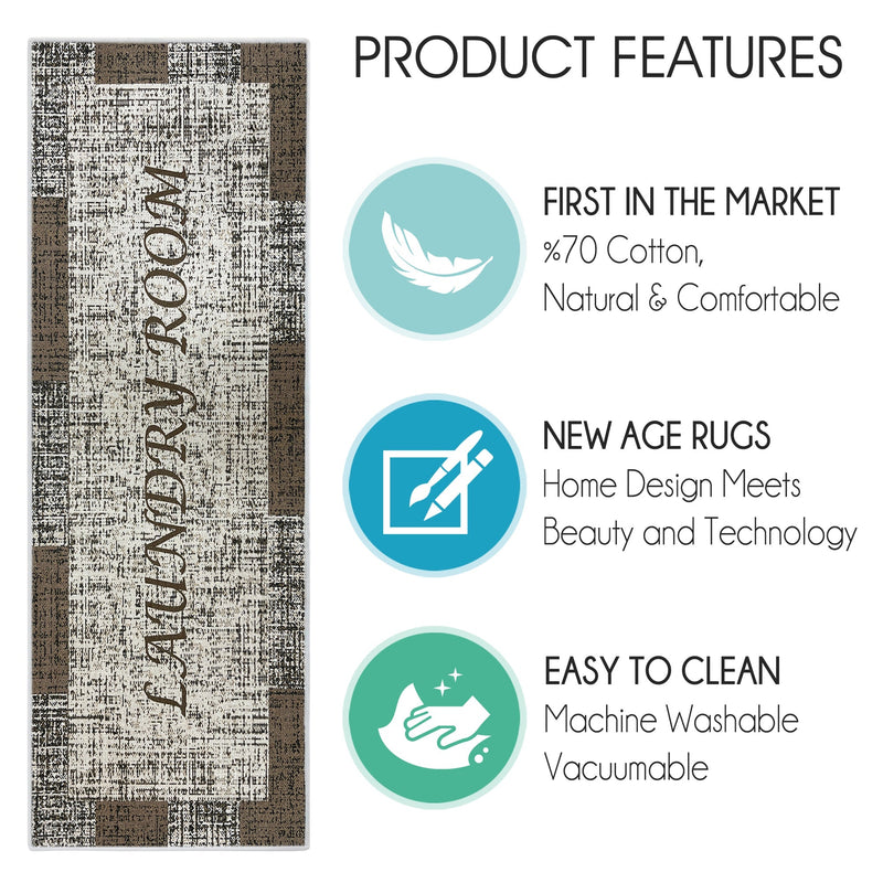 SussexHome Non Skid Washable Laundry Room Rug Runner - 20" x 59" | Brown&White