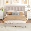 Queen Size Dutch Velvet/Linen Fabric Upholstered Platform Bed with Wingback Headboard and Wooden Slat Support