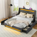 Queen Size Upholstered Platform Bed Frame with LED Lights and Charging Station-Grey by LJGDeals