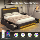 Queen Size Upholstered Platform Bed Frame with LED Lights and Charging Station-Grey
