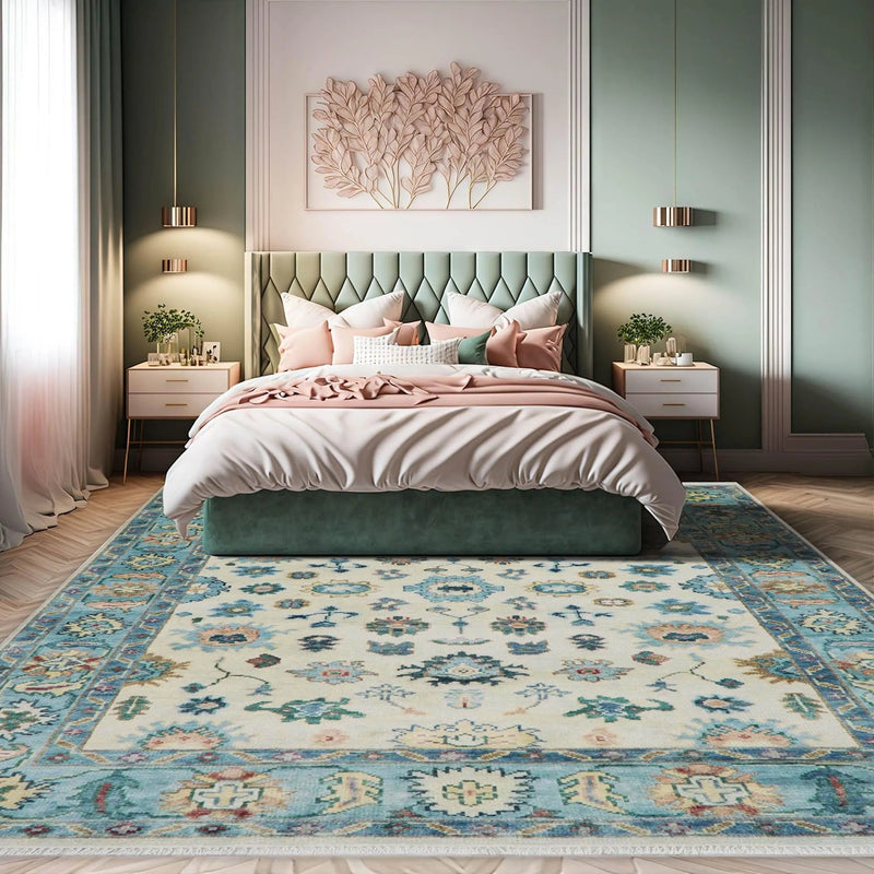 7'9''x9'11'' Beige, Aqua Hand Knotted LoomBloom Muted Turkish Oushak  100% Wool Transitional Oriental Area Rug