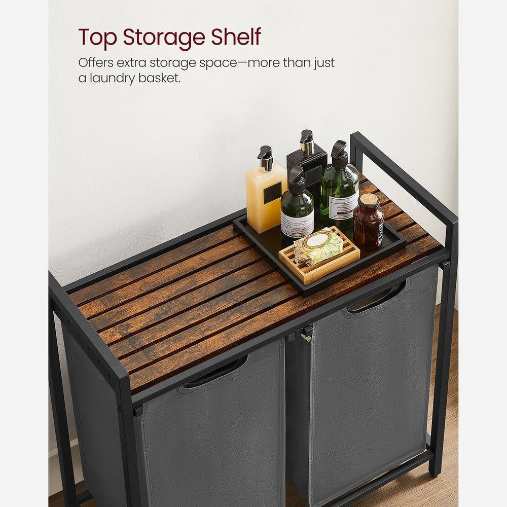 Modern Grey 2-Basket Laundry Hamper Sorter Black Frame Rustic Brown Top Shelf, photo 3 of 5