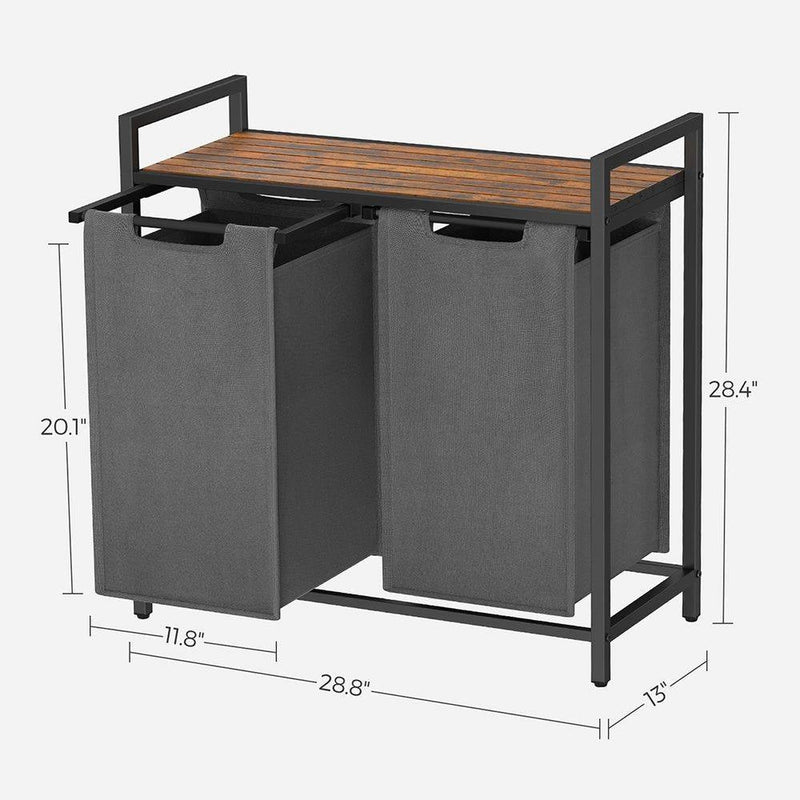 Modern Grey 2-Basket Laundry Hamper Sorter Black Frame Rustic Brown Top Shelf, photo 5 of 5