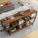 Industrial Modern 70-inch Long Narrow Console Sofa Table with Brown Wood Shelves