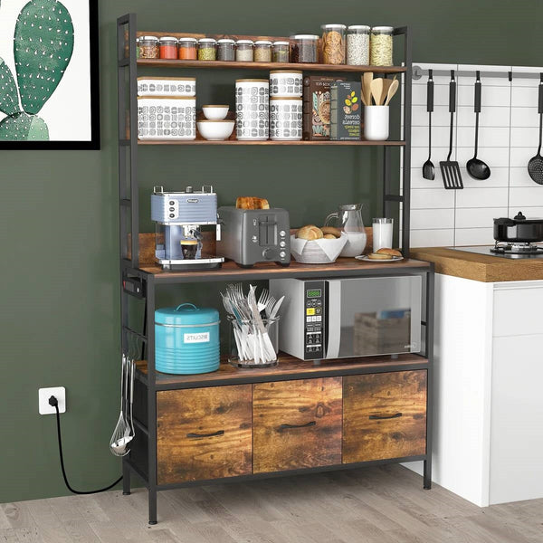 Black Metal Kitchen Baker's Rack with Brown Wood Shelves and Storage Cabinets, photo 2 of 5