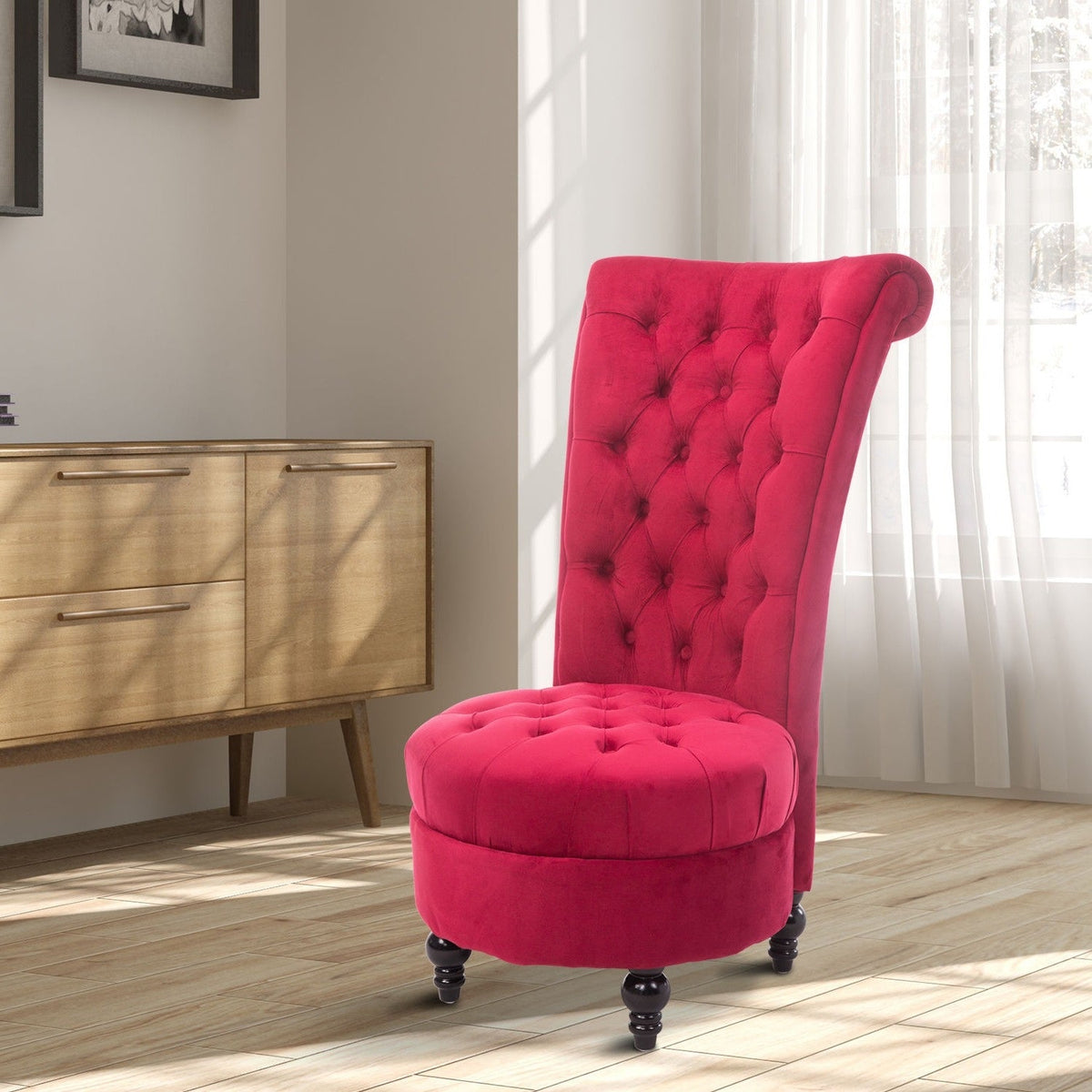 Red Tufted High Back Plush Velvet Upholstered Accent Low Profile Chair, photo 2 of 5