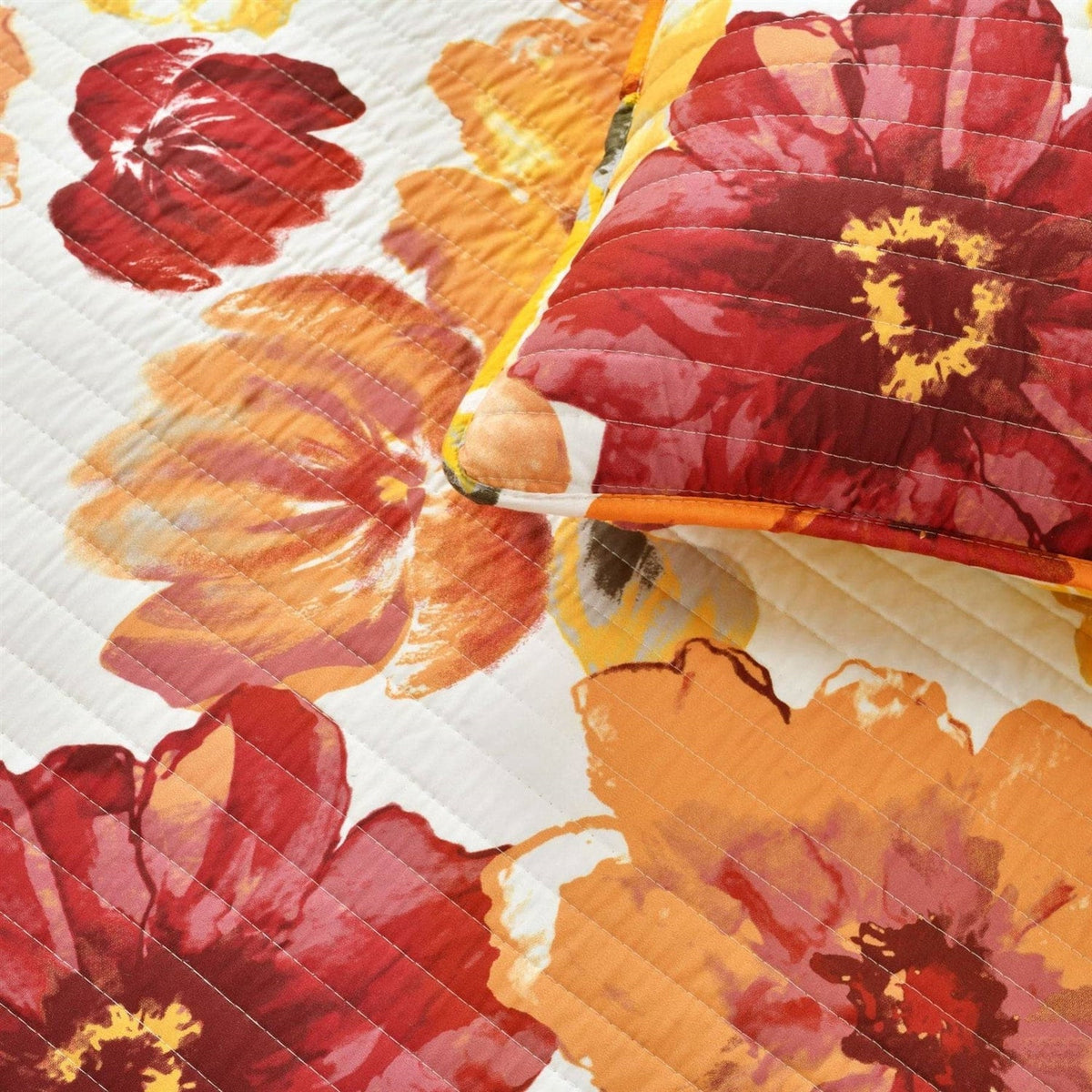 King size Orange Red Flowers Lightweight Polyester Microfiber Quilt Set, photo 4 of 5