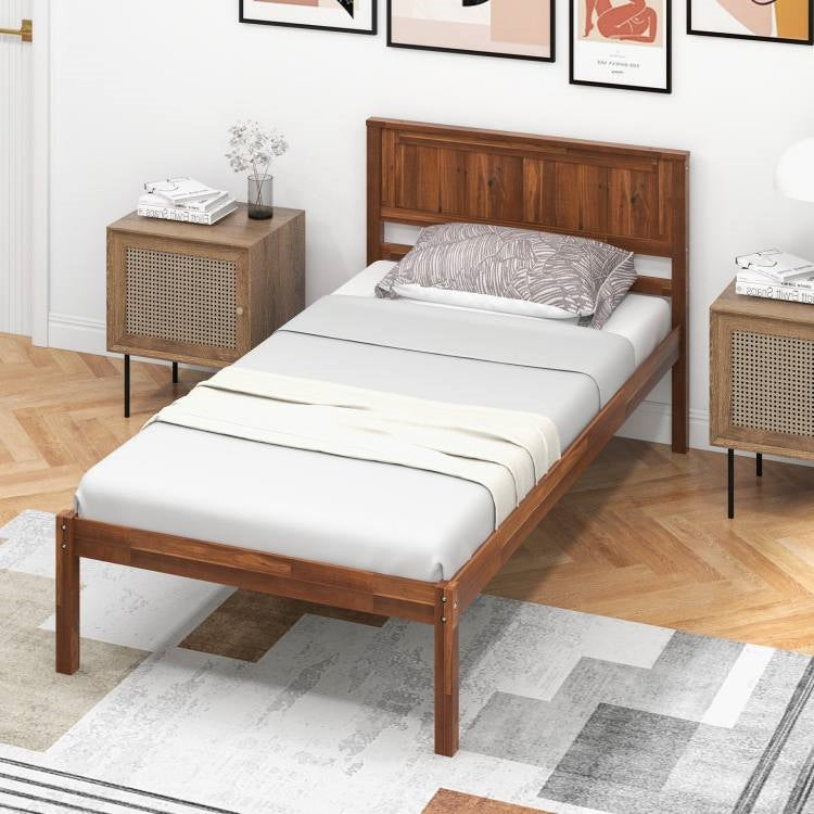 Twin Size Retro Wood Platform Bed Frame with Headboard in Walnut, photo 3 of 5