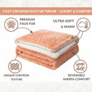 DaDa Bedding Coral Peach Rose Faux Fur Throw Blanket - Dreamy Geometric Embossed Sherpa Backside - Super Soft Warm Cozy Plush Fluffy