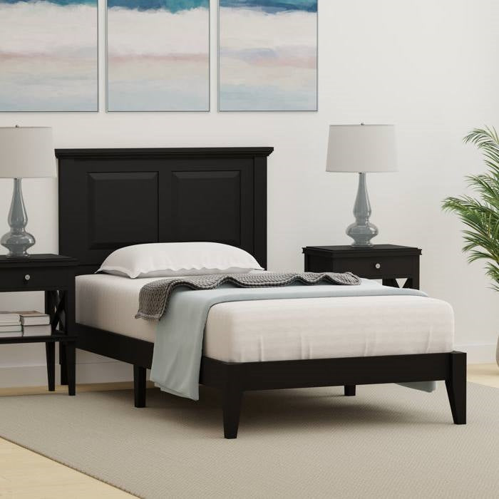 Twin Traditional Solid Oak Wooden Platform Bed Frame with Headboard in Black, photo 3 of 5