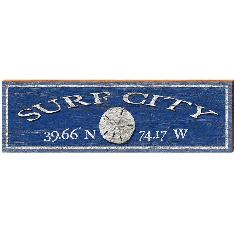 Surf City Sand Dollar Navy Latitude Longitude | Wall Art Print on Real Wood