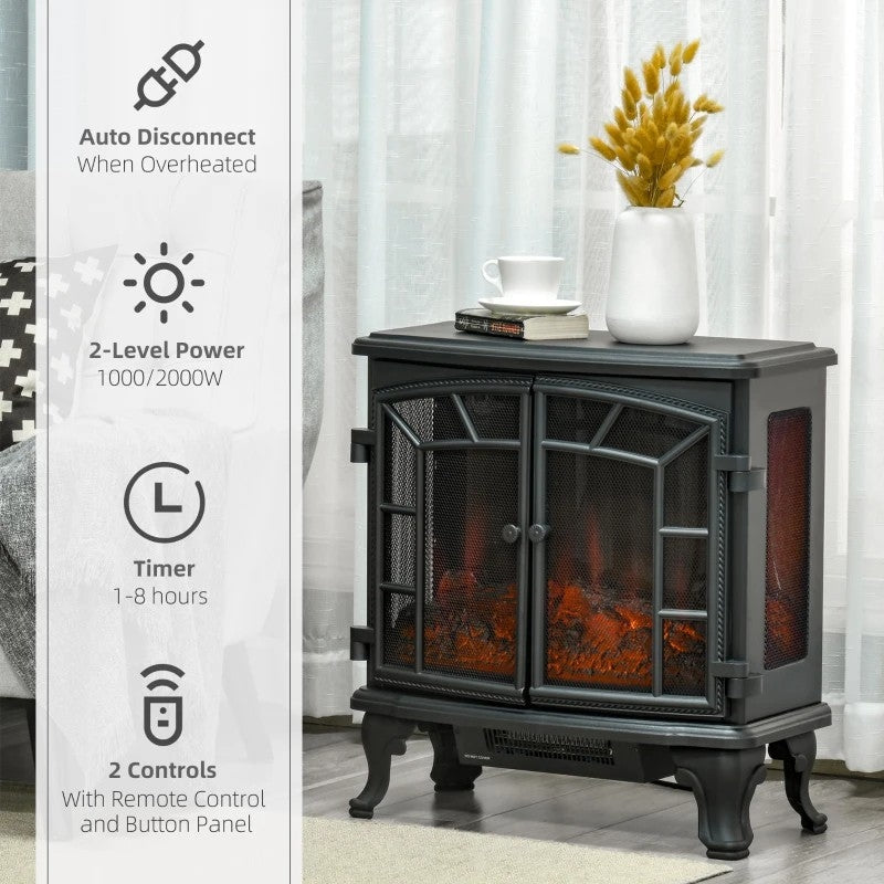 Black Remote Controlled Electric Fireplace Heater Realistic LED Flames and Logs, photo 4 of 5