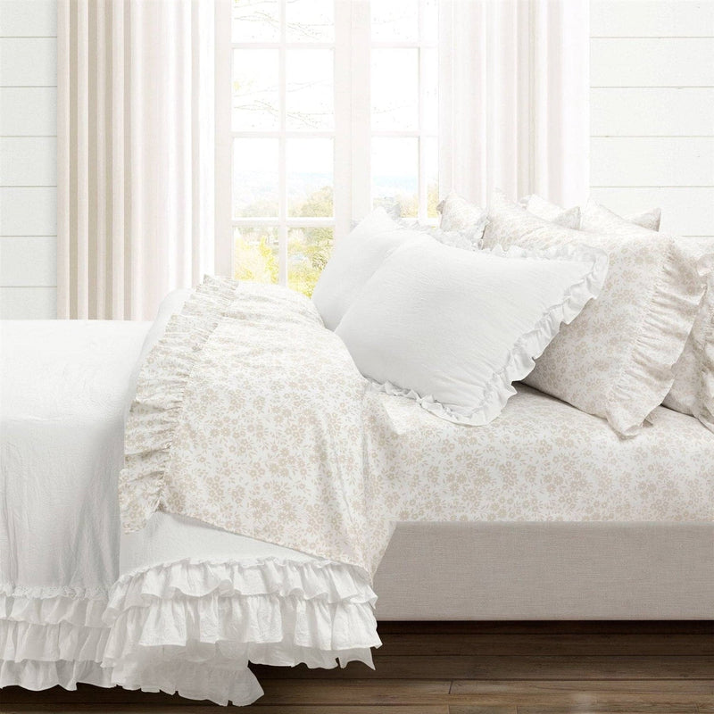 Queen Size Polyester Tan Ruffle Floral 6 Piece Sheet Set, photo 5 of 5
